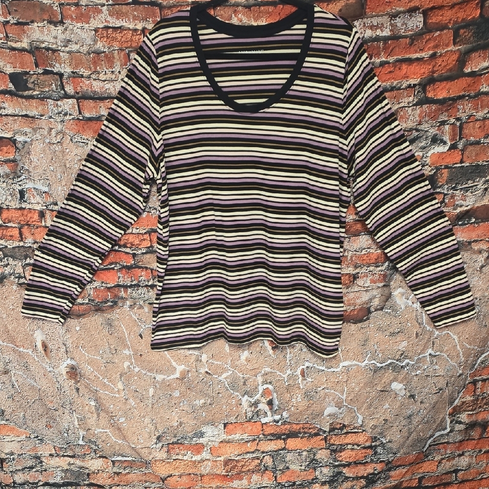 Ava & Viv 2X Multicolor Striped Long Sleeve Scoop Neck Tee